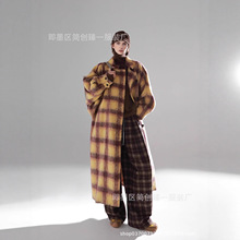 琥珀格纹英伦风复古中长款大衣女双面羊驼毛外套秋冬格子毛呢外套