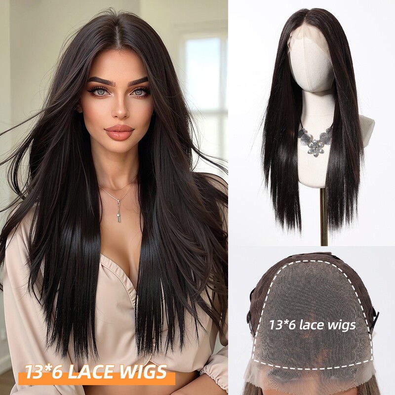 Cross-Border New Large-Area Lace Wig for Women with Random Seams, Long Straight Hair, High Temperature Resistant Chemical Fiber Full Headgear Wigs