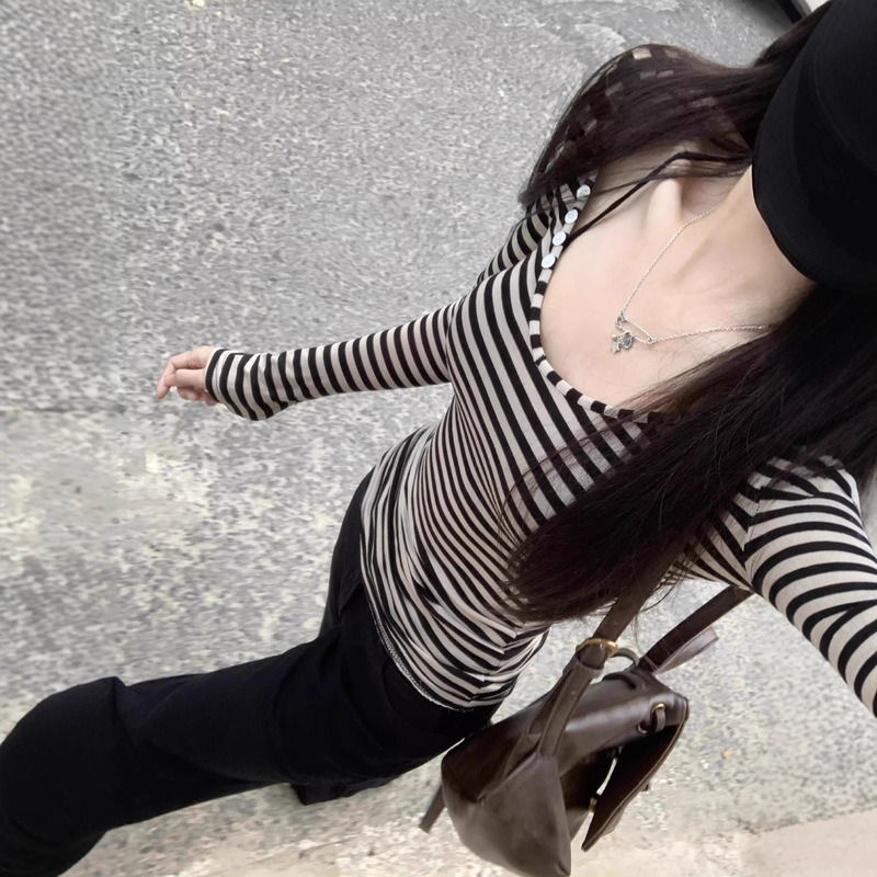 Trendy Deep V-Neck Stylish Base Layer Women's New Pure Desire Spicy Girl Long-Sleeve Mid-Length Tight Striped T-Shirt Top