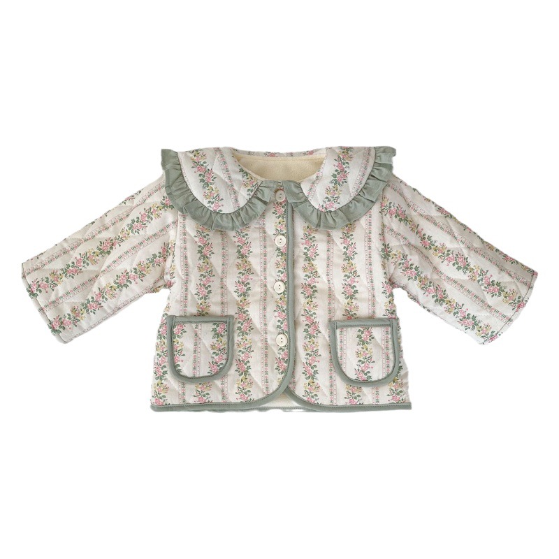 INS invierno Niña de lana forrada de algodón acolchado chaqueta infantil niños estilo pastoral floral solapa engrosada de manga larga de algodón acolchado abrigo