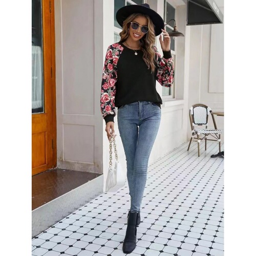  cross-border autumn new style print splicing fashionable all-matching casual sweater women's blouse