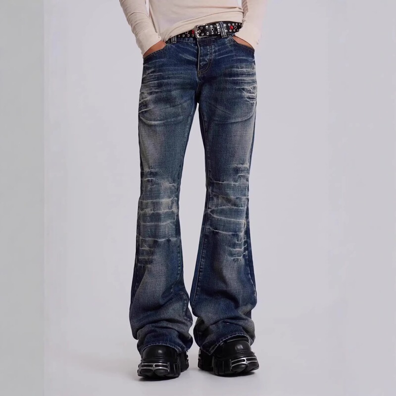 Cross-Border Street Fashion Brand Jad Londen Whiskered Washed Low-Waist Flared Jeans for Men Y2K Jeans