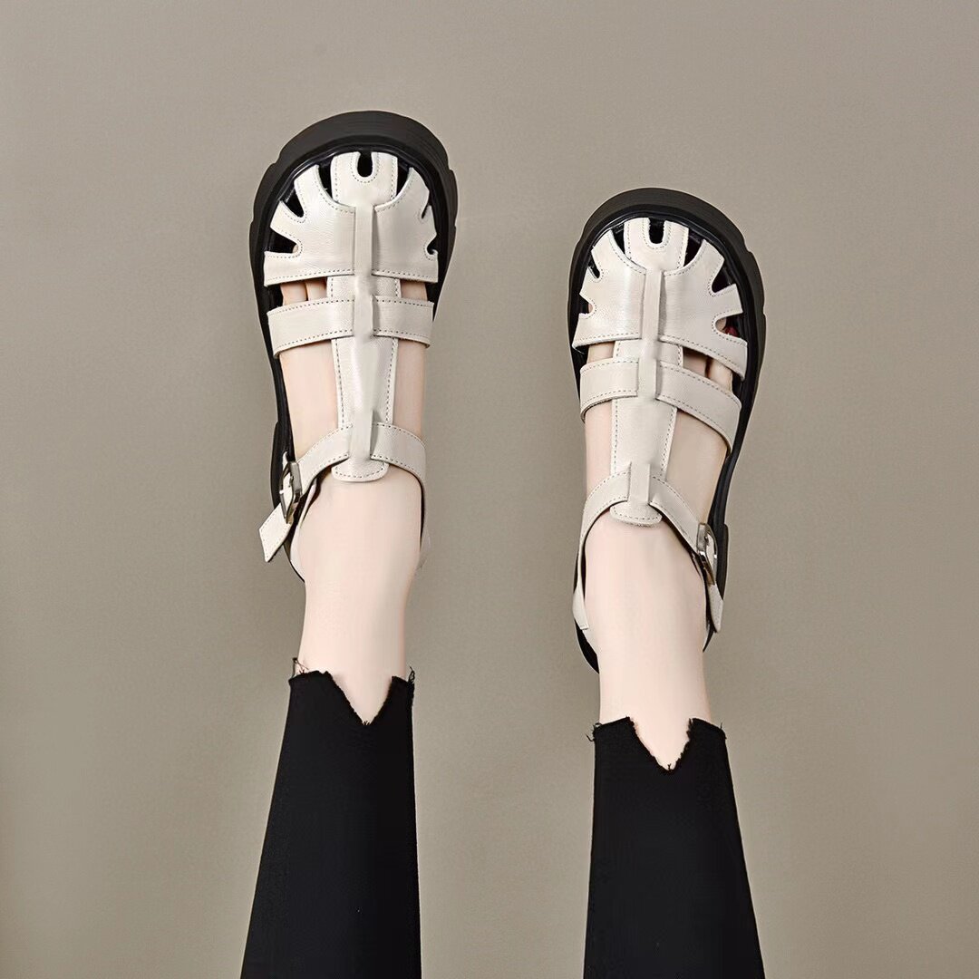 Sandal La Mã nữ đế tăng chiều cao da thật mũi tròn gót vuông quai ngang — màu đen