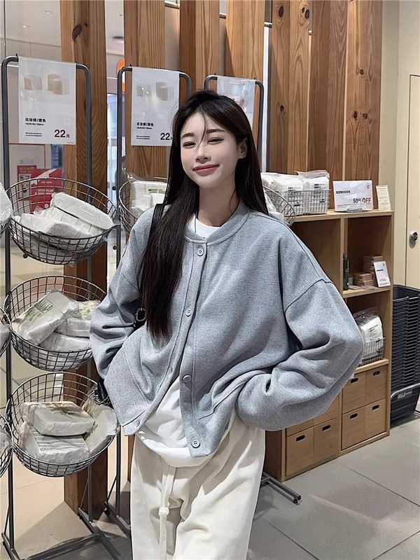 2025新款纯色长袖早秋卫衣短外套女秋款设计感宽松开衫休闲上衣|undefined