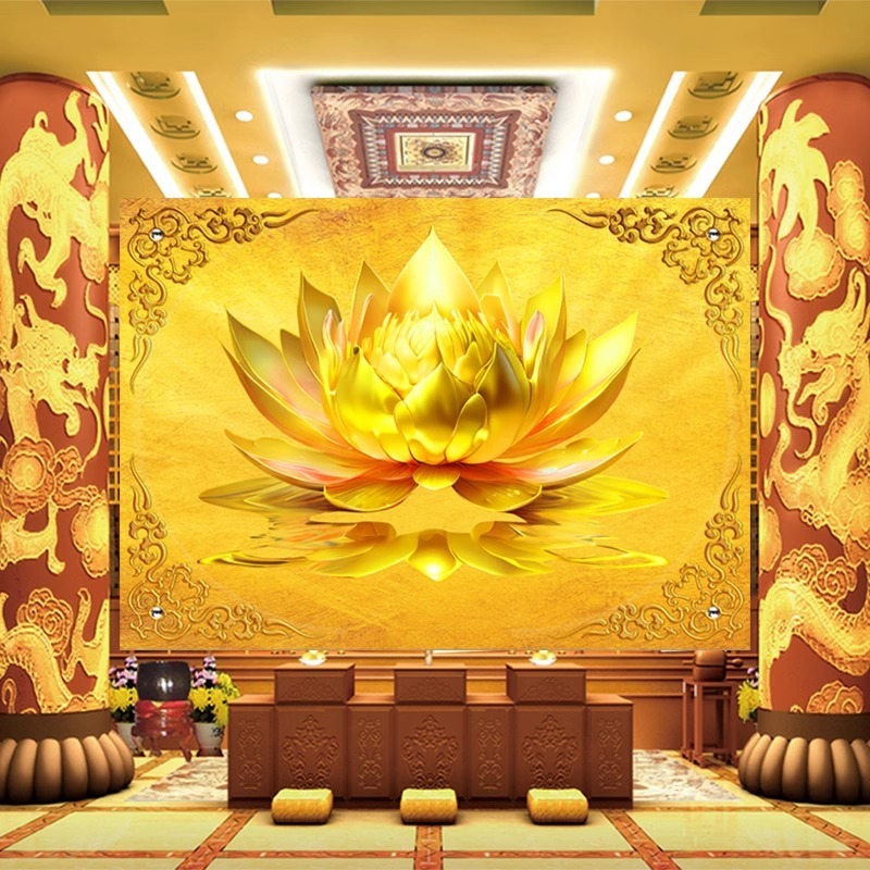 金色莲花荷花墙纸布佛字背景禅意莲花壁画禅房寺庙佛堂家壁纸|undefined
