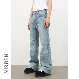 nirben牛仔|美式高街微喇叭牛仔裤男新品复古水洗宽松直筒拖地裤