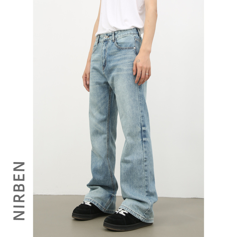 American High Street Slight Flare Jeans Men New Retro Washed Loose Straight Draped Pants