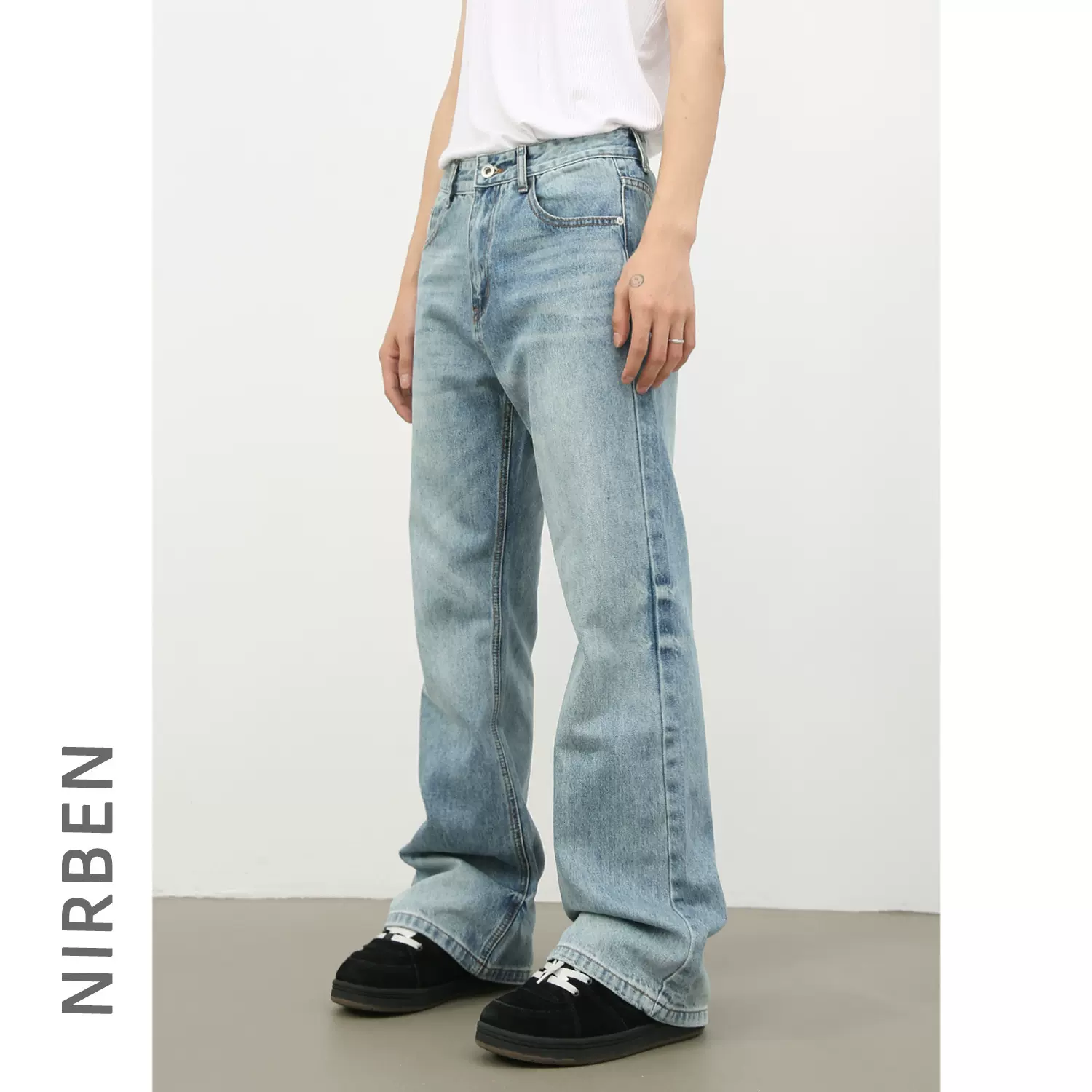 nirben牛仔|美式高街微喇叭牛仔裤男新品复古水洗宽松直筒拖地裤