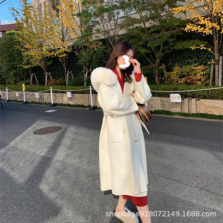 雪が解けた後の2025年秋冬新作、フォックスファー襟付きフード付き両面カシミヤコート、女性用ミドル丈ウールコート