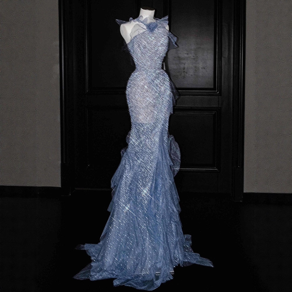 Heavy Sequin Evening Dress for Women 2025 New Style Morning Robe Classy Banquet Host Fishtail Blue Toast Dress Bride