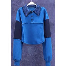 潮牌韩版撞色拼接polo领卫衣女2025早秋新款蓝色休闲短款上衣潮