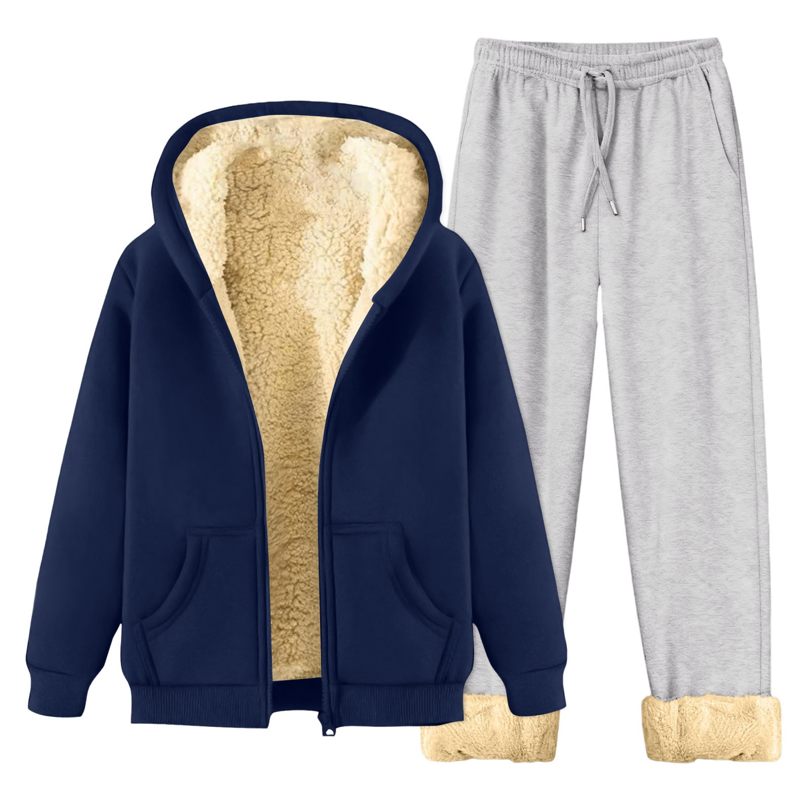 Autumn and Winter Thickened Warm Cardigan Fleece Hooded Sweatshirt Straight-Leg Pants Set, Loose Casual Outfit for Men and Women