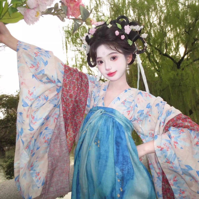 Tang-Style Improved Hanfu for Women with Small Floral Prints, Chinese Style Tang-Style High-Waisted Skirt, Ethereal Daily Skirt, Spring and Summer Thin Set