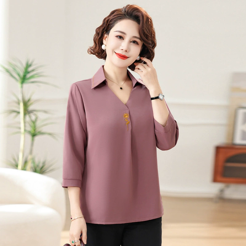 Летняя мама с отворотом и короткими рукавами вышитая футболка топ темперамент женщины среднего возраста тонкая простая рубашка