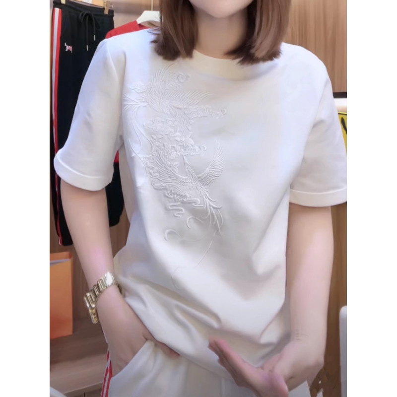 中国風重工業刺繍半袖コットン Tシャツ女性のための春と夏の新しいデザインルーズで多用途なラウンドネックボトリングシャツトレンディ|undefined