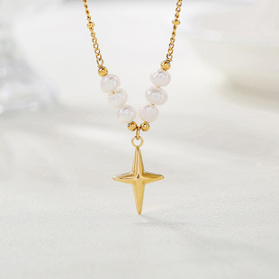 Cross-Border Foreign Trade Hot-Selling Cross Star Pendant Natural Freshwater Pearl Necklace Stacked Clavicle Chain Titanium Steel Does Not Fade