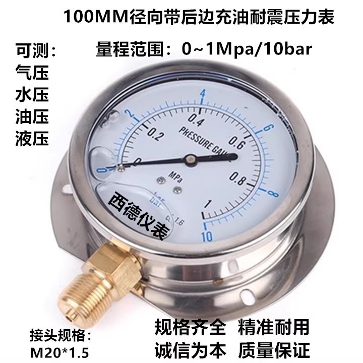 100MM径向带后边充油耐震压力表 船用防震压力表 水压表