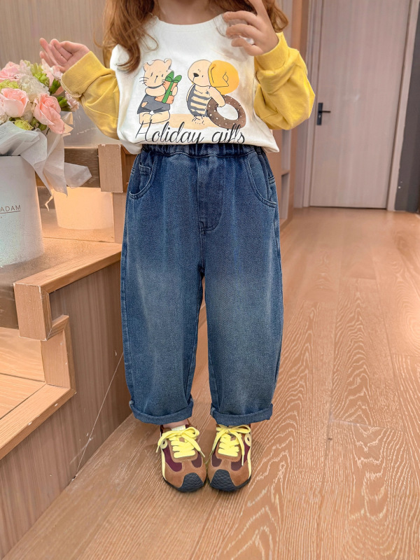 女童刺绣牛仔裤洋气时髦儿童春秋装女宝宝直筒休闲裤子小女孩长裤|undefined