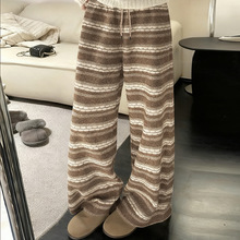 萝卜大叔咖色条纹加绒阔腿裤女秋冬2025新款慵懒风高腰休闲直筒裤
