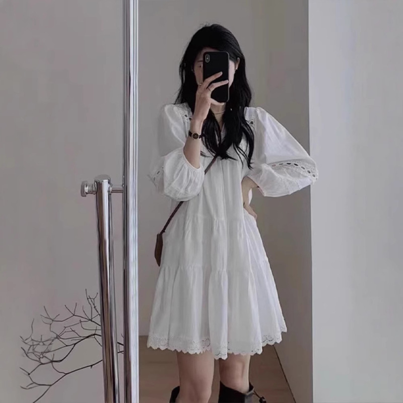 法式白色泡泡袖衬衫连衣裙女2025新款秋装小个子长袖云南旅游穿搭|undefined