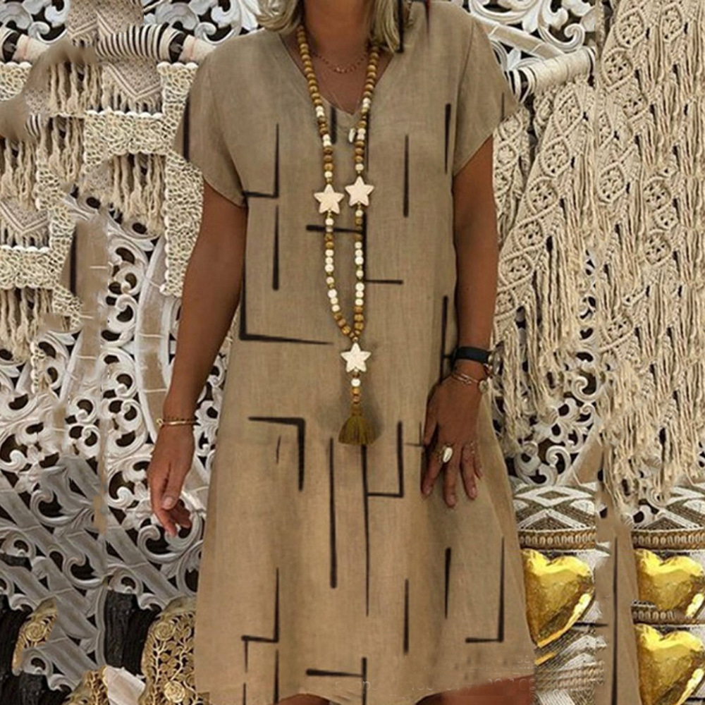 Damen-Kleiderlinie, einfarbig, lockerer, kurzärmliger Rock mit V-Ausschnitt_voghion.com