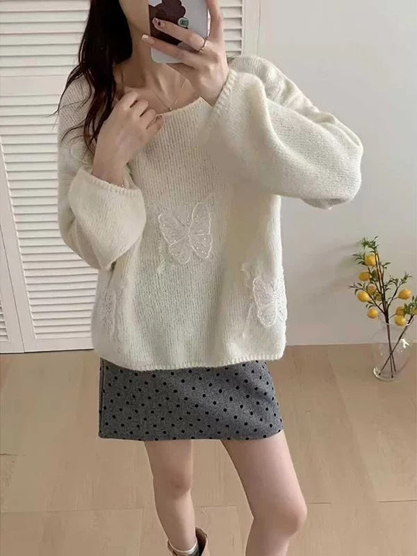 设计感立体蝴蝶套头毛衣女2025秋冬新款温柔气质显瘦百搭针织衫潮|undefined
