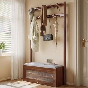 New All-Solid Wood Entry Hanging Wardrobe Shoe Rack Shoe Changing Stool Integrated Thickened Pole Entrance Living Room Coat Rack