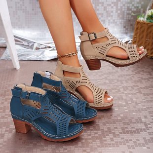 Cross-Border Large Size High Heel Swing Line Women's Sandals Open Toe Thick Heel Rubber Sandals Zipper Pu Thick Heel Sandals Wholesale