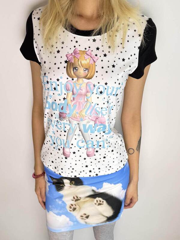 Japanese-Style Cute Niche Y2K Vintage Dreamy Girl Cartoon Star Print Color-Blocking Slim-Fit Short-Sleeve T-Shirt