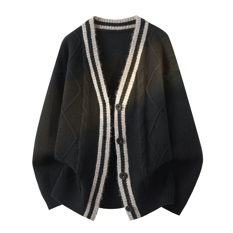 Explosiones transfronterizas de tamaño europeo de tamaño V cuello de color mosaico jersey jersey jersey cardigan hombre chaqueta otoño invierno fábrica al por mayor