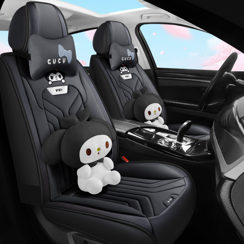 Universal – Leather Cartoon Car Seat cushion, seat cover - cartoon-classic-black-split-head