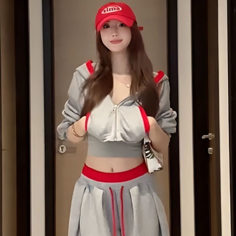 山力达迪休闲时尚运动套装女早秋拼色大兜帽短款卫衣抽绳宽松阔腿|undefined