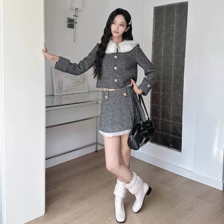 LFM百褶片领口千金风小香外套半身裙套装女 2025年秋季上衣A字裙|undefined