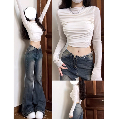 Design-oriented niche off-shoulder short-sleeve sweet and spicy girl base shirt white snow nylon spandex high collar regular long-sleeve women's style