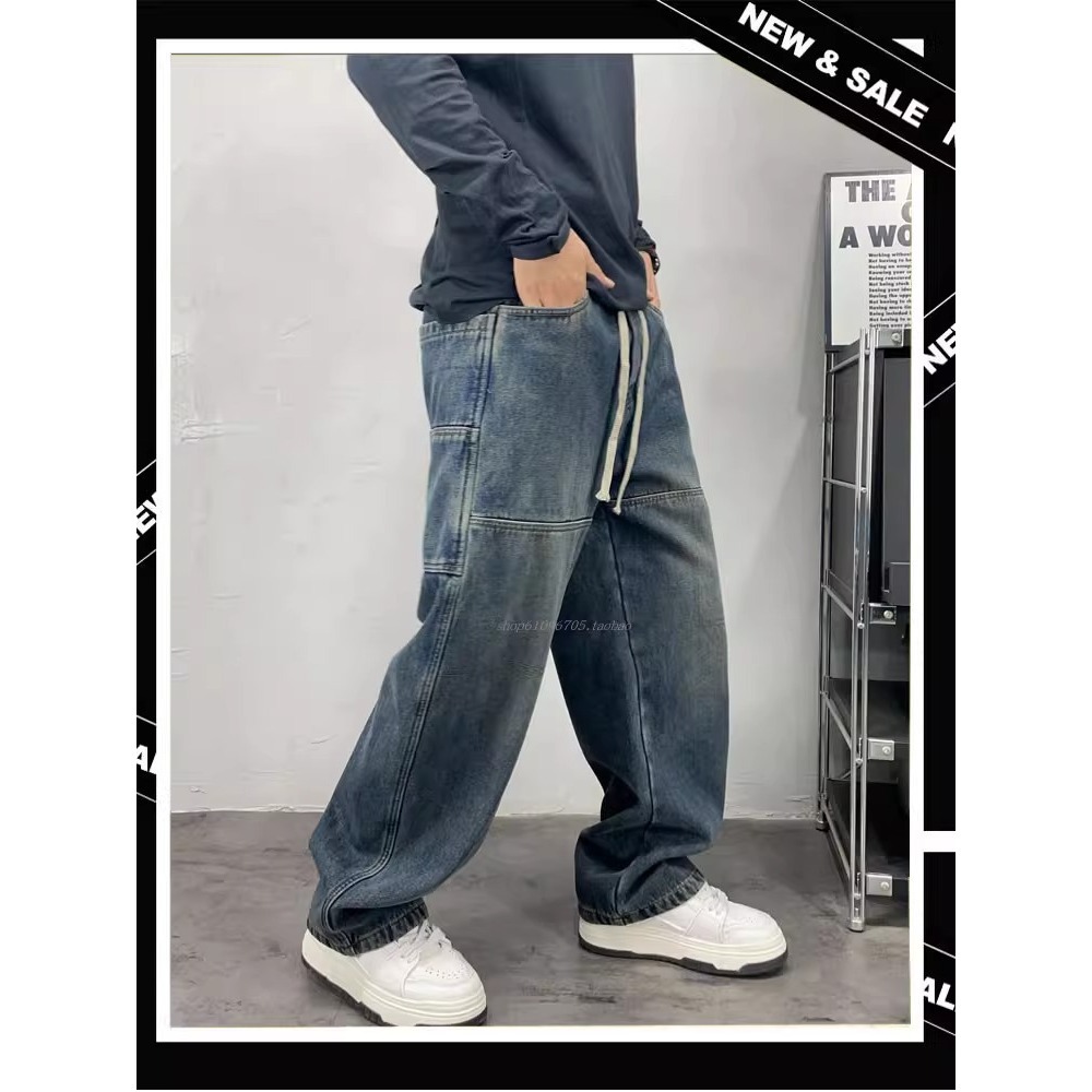 Men's High-Waisted Color-Block Jeans Blue & Black Loose Wide-Leg Straight Pants Hip Hop Style European American Trendy Brand_mkmklike.com
