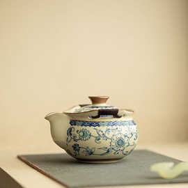 汝窑青花手抓壶茶壶宝瓶壶陶瓷茶具精致泡茶器居家办公功夫茶具