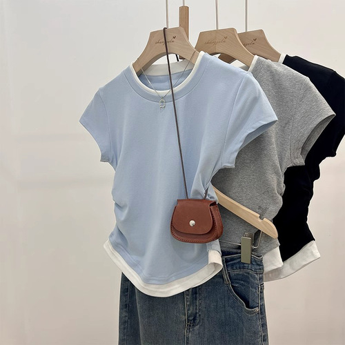 Tunic Top for Women - 2025 Summer, Pleated, Tailored, Crew Neck, Color-blocked, Two-piece Style, Modal Short Sleeve