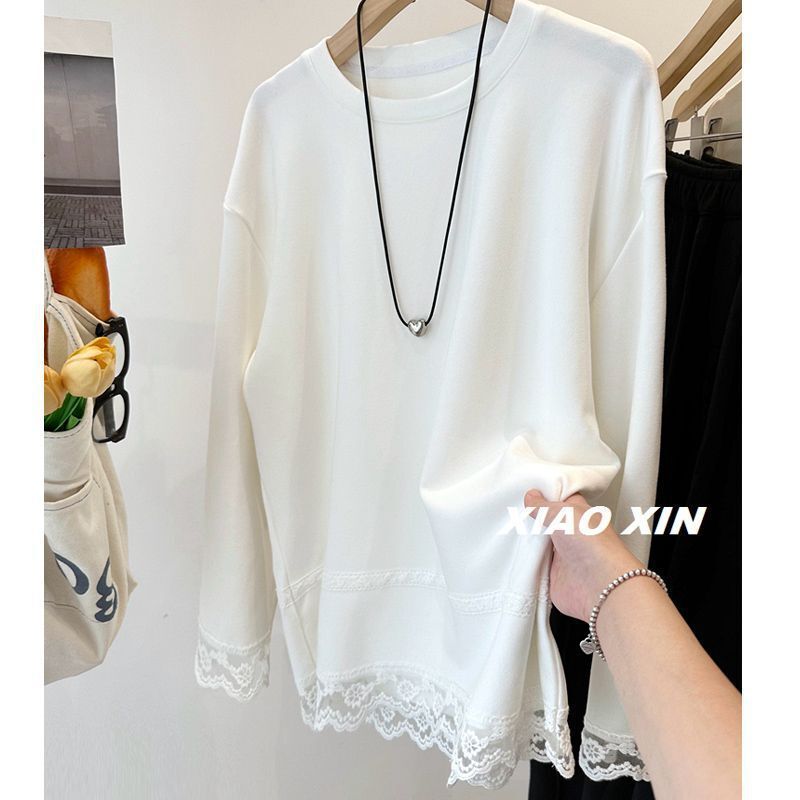 Plus-Size Women's Long-Sleeve T-Shirt with Lace Trim, Brushed Fabric, Thickened for Autumn and Winter, Loose Fit, Inner Layer Top Plus-Size Women's Long-Sleeve T-Shirt with Lace Trim, Brushed Fabric, Thickened for Autumn and Winter, Loose Fit, Inner Layer Top
