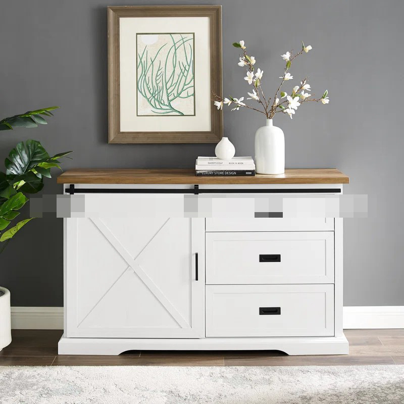 Sideboard Wine Cabinet with Sliding Barn Doors, Adjustable Shelves, Vintage Design, and Three Drawers for Storage