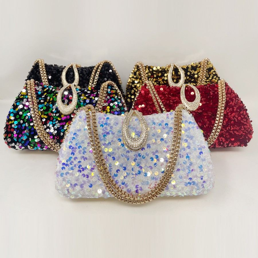 跨境欧美手提包带链条镶钻单肩斜挎包晚宴包彩色亮片小方包