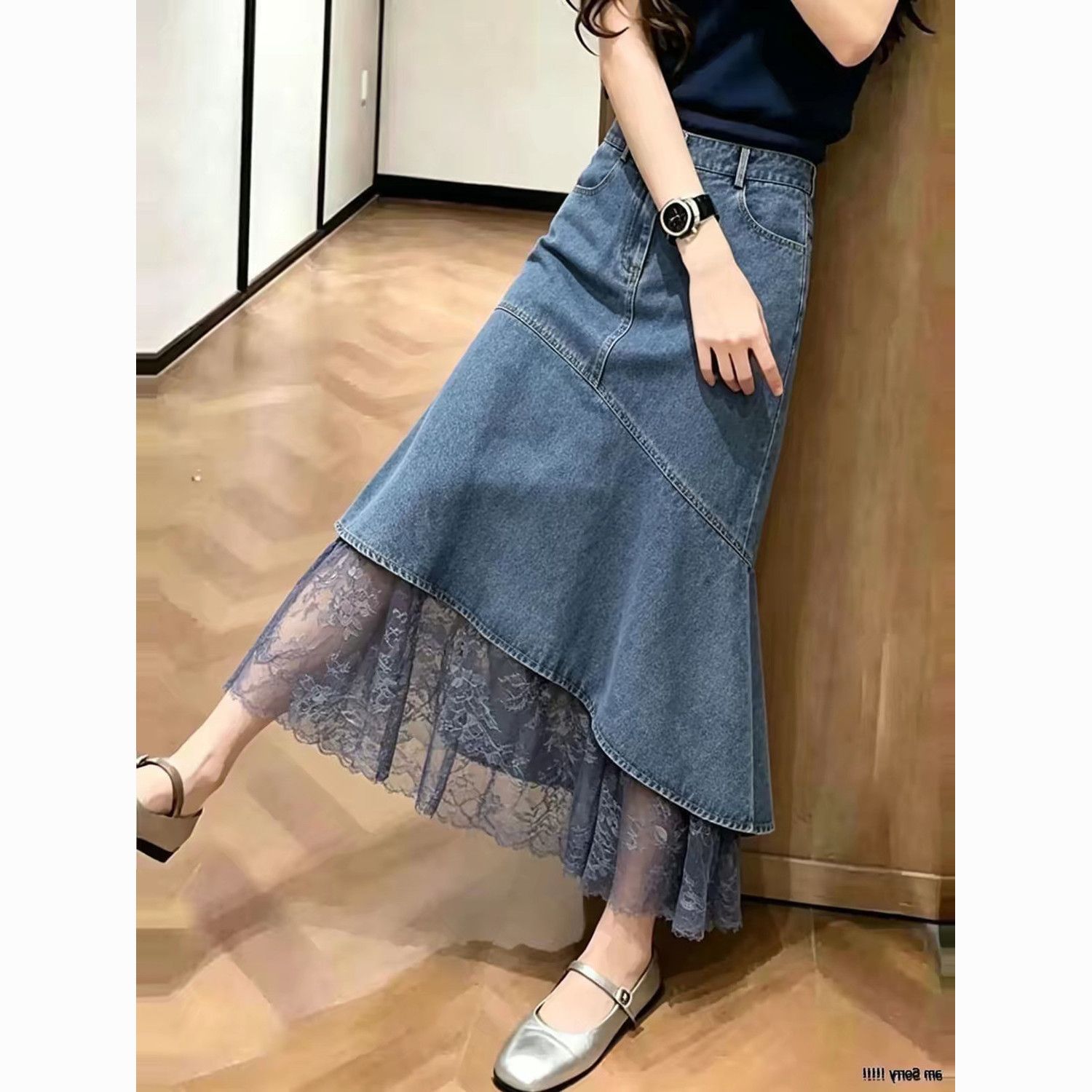 Blue lace summer fitted fashionable denim skirt