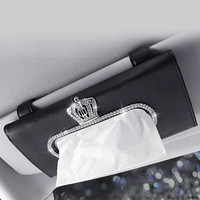 Car Diamond-Encrusted Paper Box Hanging Swan Tissue Box Creative Car Tissue Bag Sun Visor Crown Paper Box Decoration (Car tissue box/set) - crown-black
