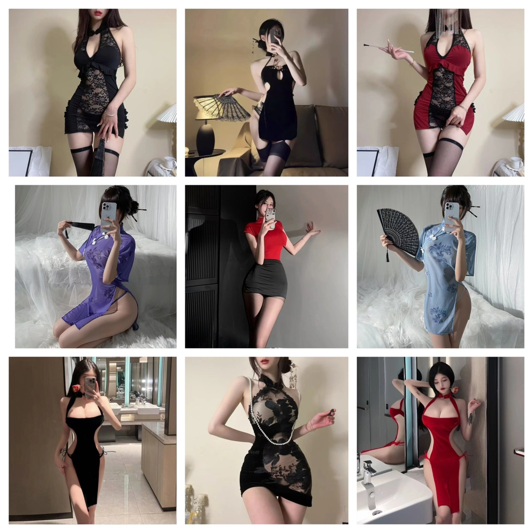 Pure Lust Lace Slit Cheongsam Uniform Ultra Short Hip Skirt National Style Cheongsam Skirt Suit Passion Temptation Sexy Intimates