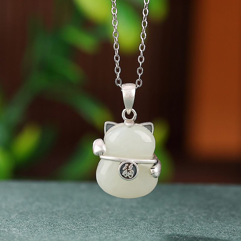 Mặt dây chuyền bạc S925 mạ vàng ngọc bích Hòa Điền hình chữ Phúc mèo may mắn phong cách Trung Hoa — Kiểu mạ vàng (Mặt dây chuyền đơn không có dây chuyền)