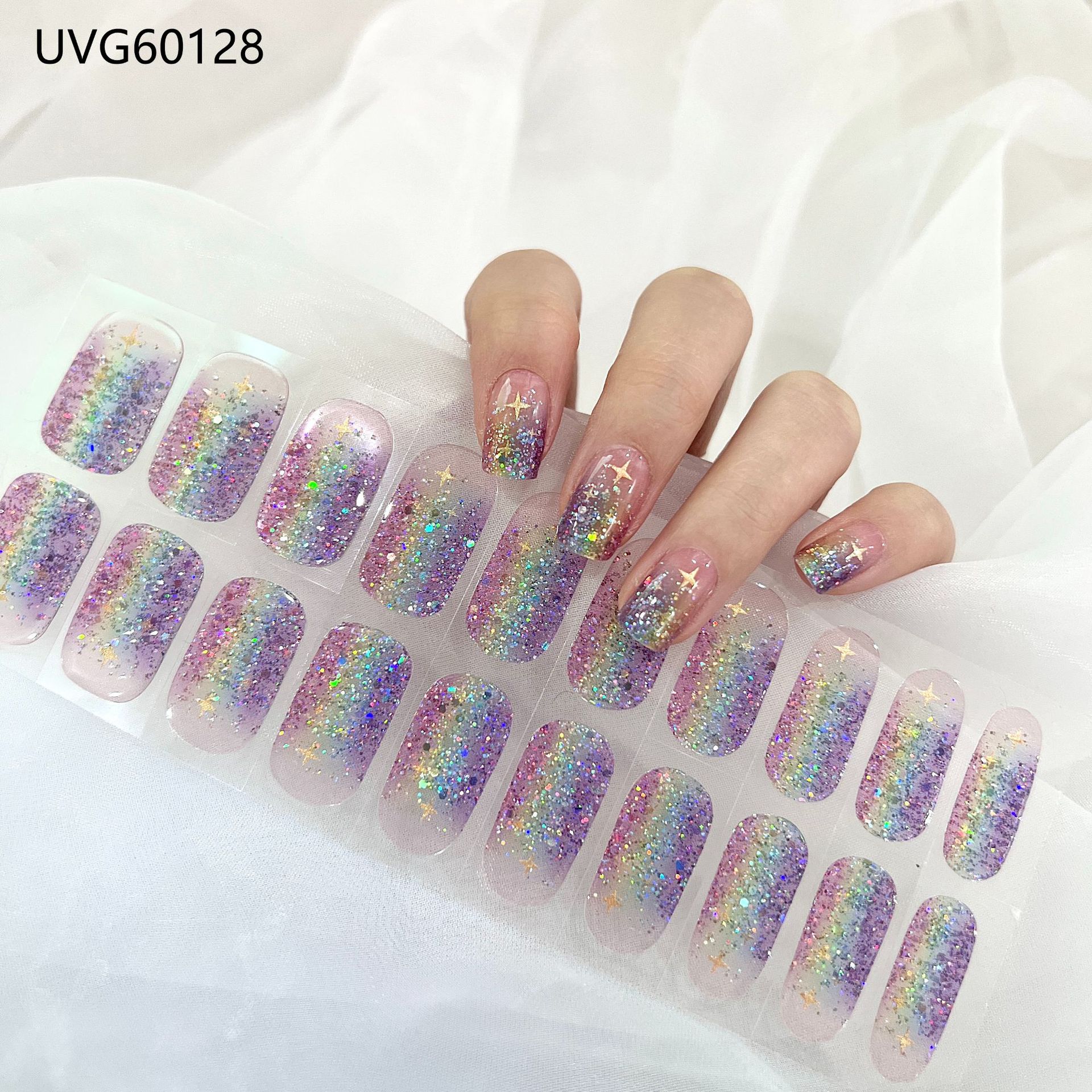 Pegatinas de uñas de gel UV transparentes efecto hielo, semicuradas, con lámina dorada, fototerapia, efecto película de aceite