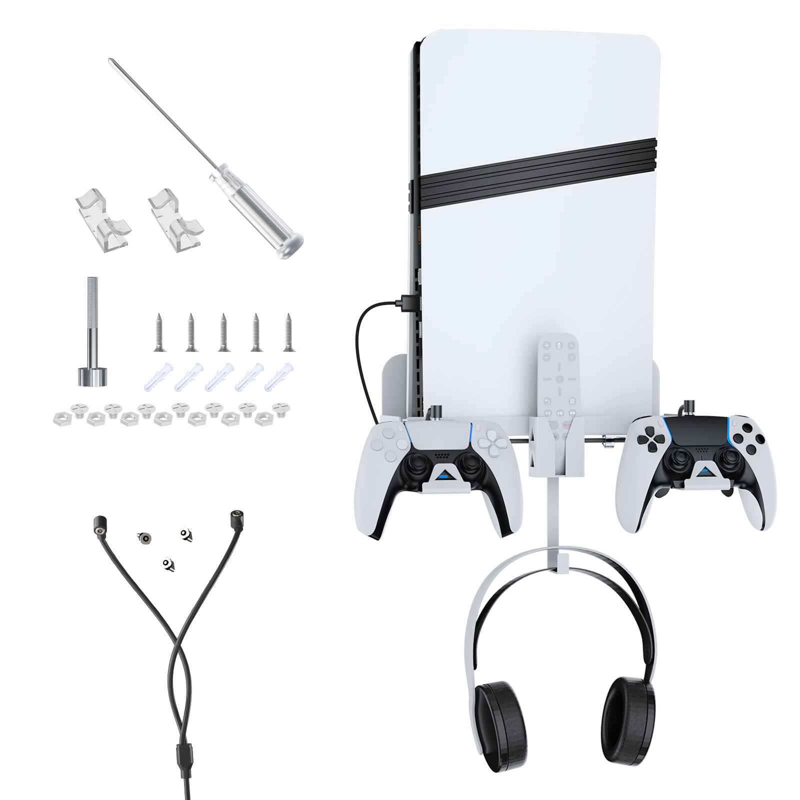 Soporte de pared para consola PS5 compatible con consola PS5 con asa, cable de carga y accesorios de juego.