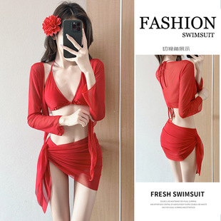Women's Swimsuit Split Bikini Bikini Four-Piece Set Sexy Internet Celebrity Hot Style Long-Sleeved Cover-Up Sun Protection Hot Spring Swimsuit