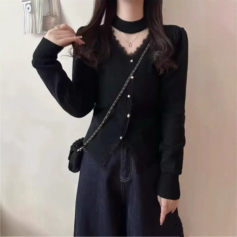 Autumn and Winter New French Style Gentle Style Lace Stitching Knit Sweater Women's Short Slim-fit All-match Top