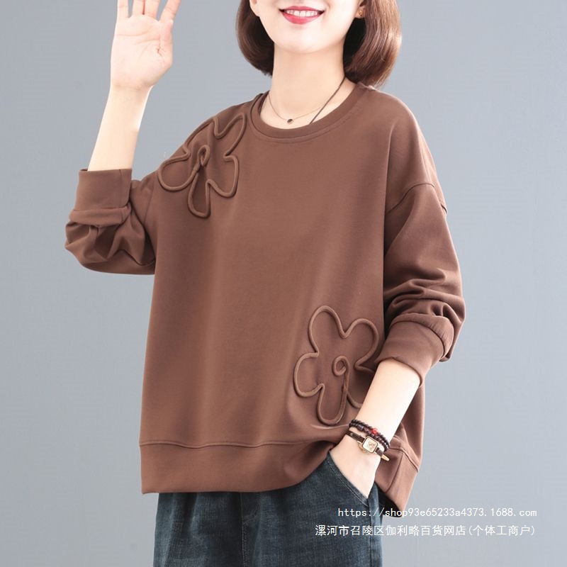 长袖圆领卫衣女士春季新款韩版宽松时尚妈妈卫衣遮肉休闲薄款上衣