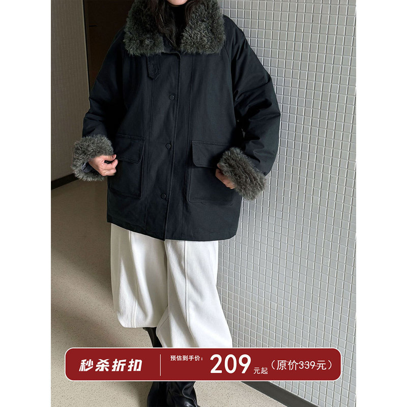 Lushi Lamb Wool Lapel Parka 90 White Duck down Jacket Women's Autumn and Winter New Thickened Warm down Jacket Y93